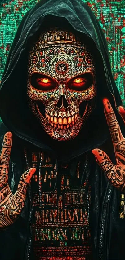 Intricate digital skull design with hooded figure and vivid colors.