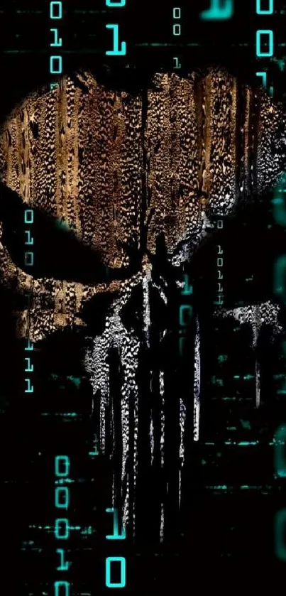 Futuristic skull with binary code in digital artwork.