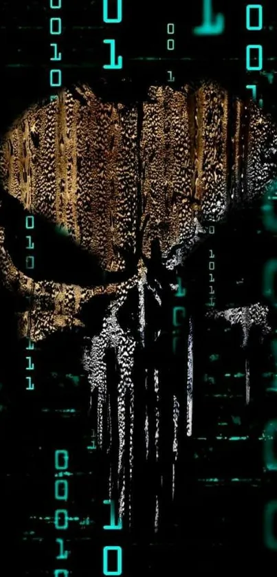 Edgy skull wallpaper with digital green numbers.