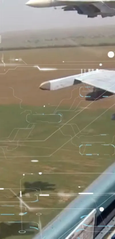 Futuristic digital interface overlay on an airplane view over fields.