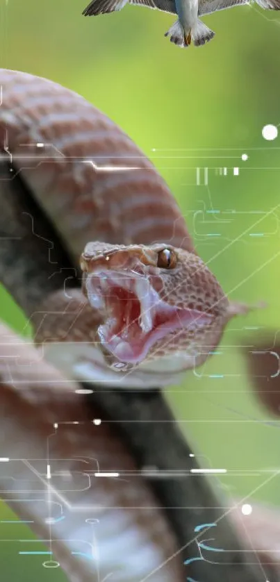 Snake with open mouth, digital bird above, in a green background.