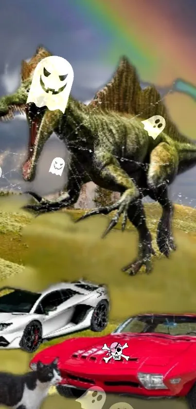 Wallpaper with dinosaur, cars, rainbow, and ghostly elements on a green landscape.