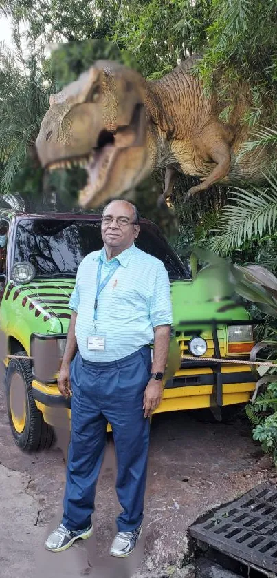 Dinosaur roaring above a jungle-themed car in a forest setting with a man standing.