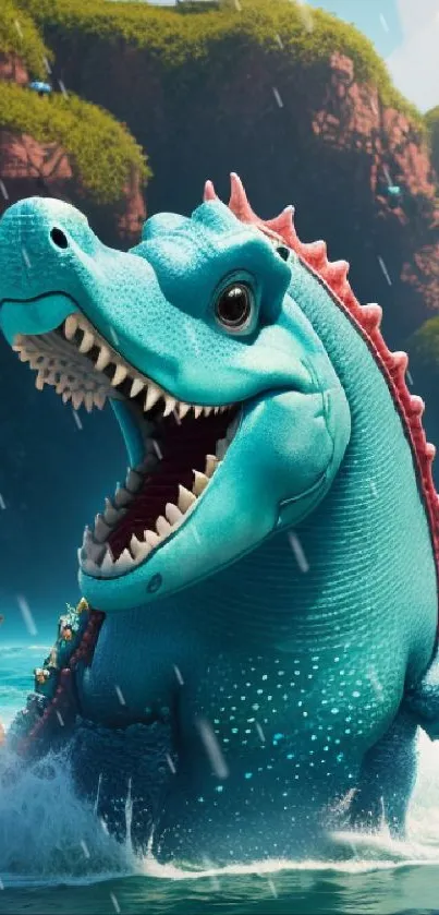 Vibrant blue dinosaur in ocean adventure scene.