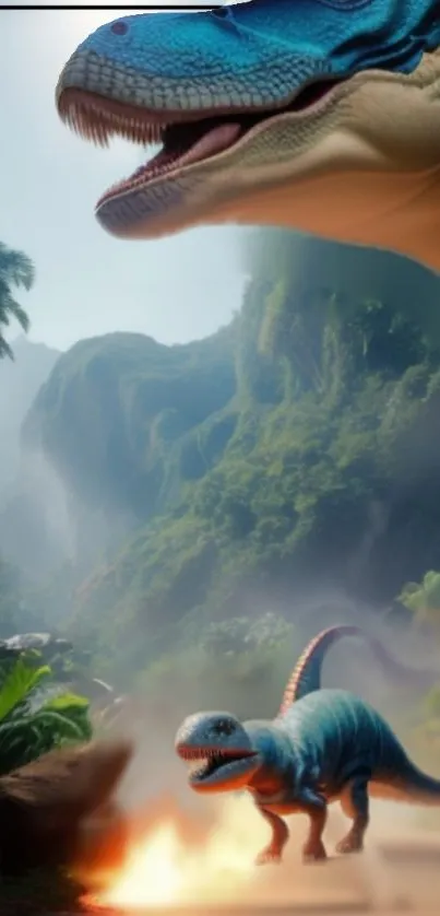 Dinosaurs in a lush jungle landscape with vibrant natural scenery.