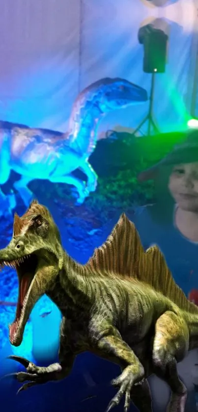 Lifelike dinosaurs in a colorful display with a young explorer intrigued.