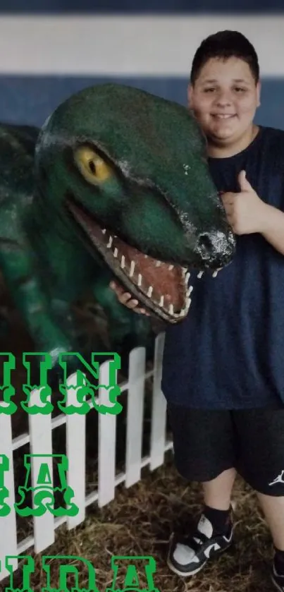 A child poses with a realistic dinosaur figure on a fun mobile wallpaper design.