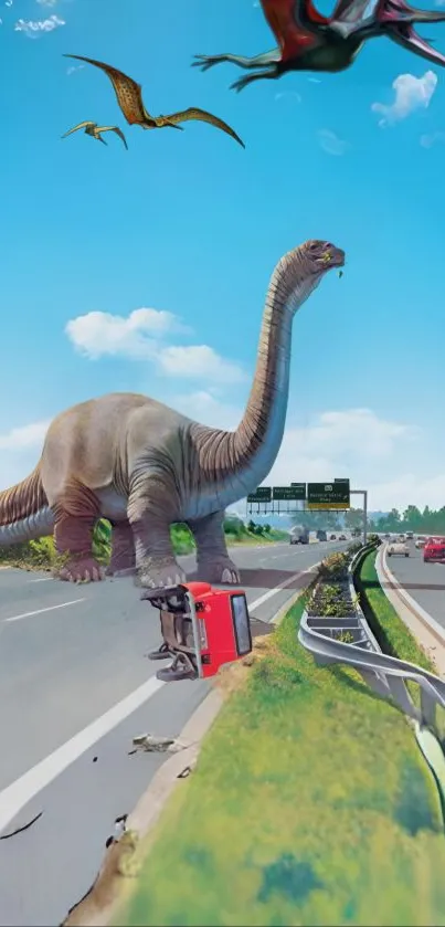 Dinosaur crossing modern highway under clear blue sky.