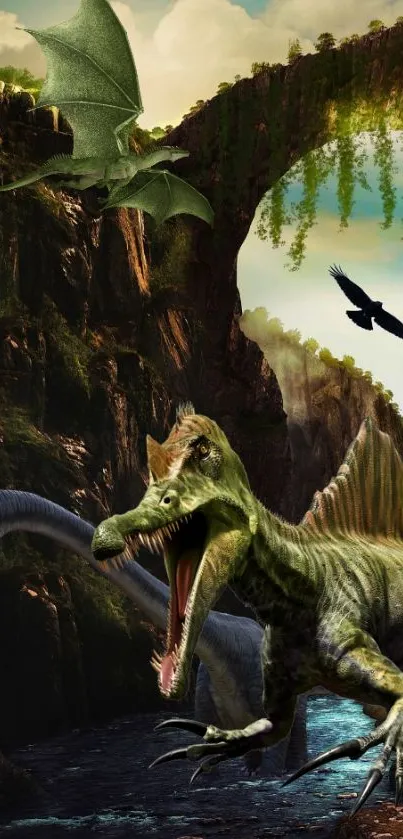 Dinosaur wallpaper with prehistoric setting and dynamic creatures.