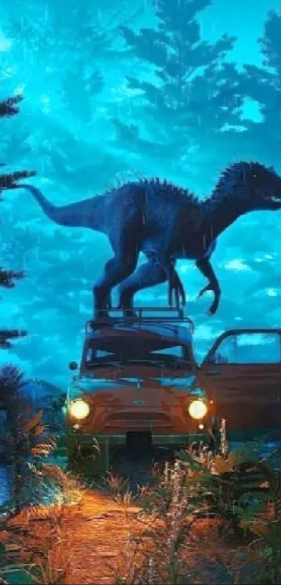 Dinosaur stands on a vintage car in a vibrant blue forest.