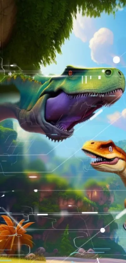 Colorful dinosaur wallpaper with T-Rex and prehistoric landscape.