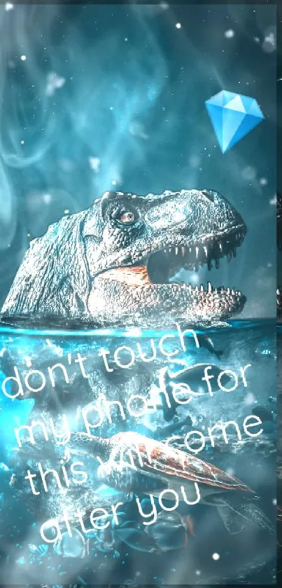 Dinosaur themed phone wallpaper with T-Rex and witty warning on blue background.