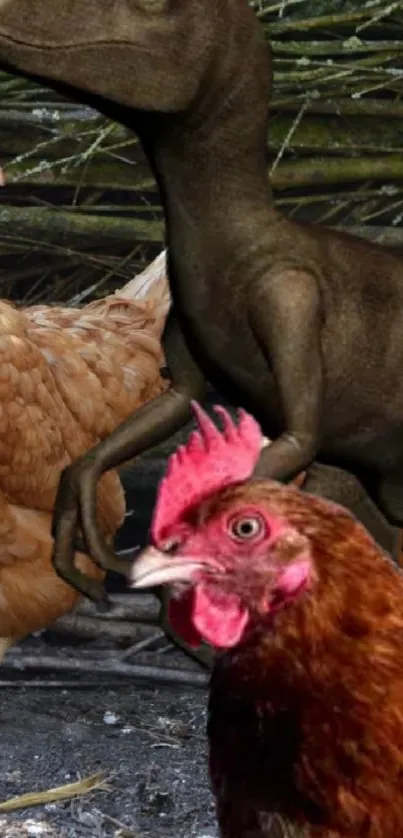 A dinosaur and chickens in a humorous artistic design wallpaper.
