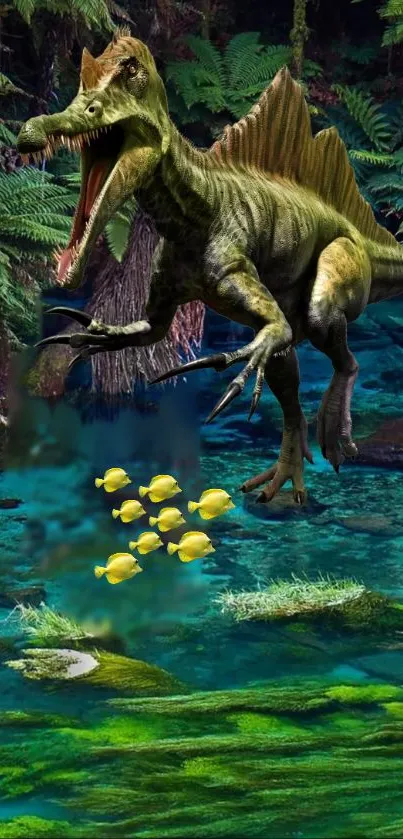 Dinosaur in vibrant forest with fish swimming in a lush, green environment.