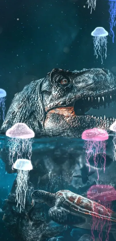 Fantasy dinosaur and jellyfish scene in ocean wallpaper.