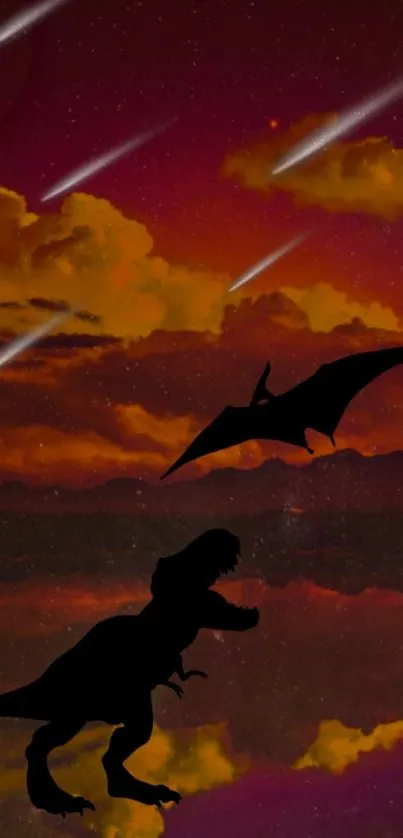 Dinosaur silhouette against fiery sky with meteors.