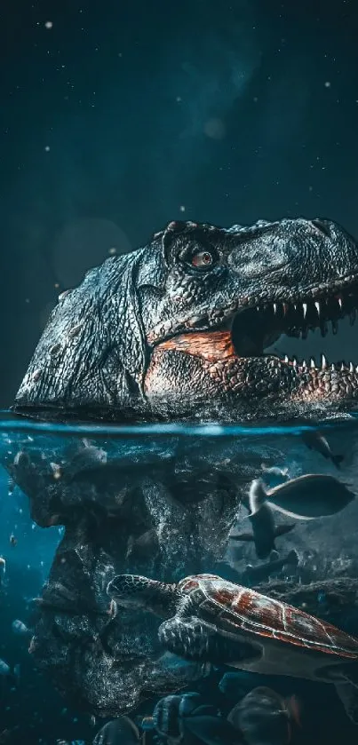 Fantasy wallpaper of T-Rex head above water with sea life below in a mystical setting.