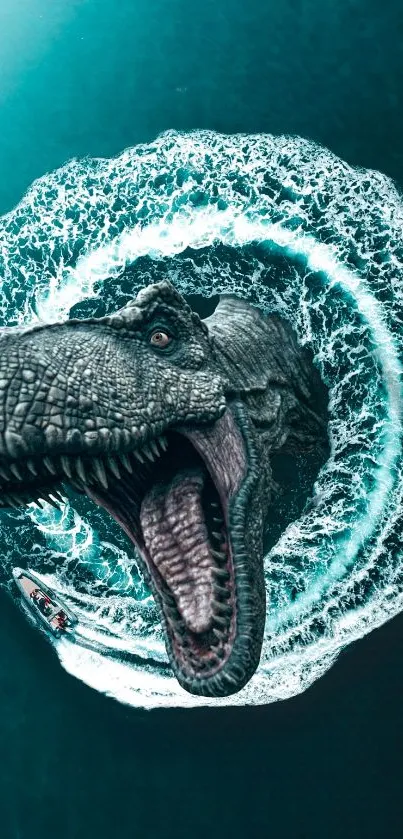 Dinosaur roaring with ocean waves surrounding it.