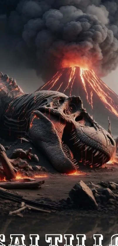 Dramatic dinosaur and volcano eruption wallpaper with fiery details.