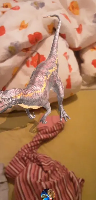 Augmented reality dinosaur with floral background on mobile screen.