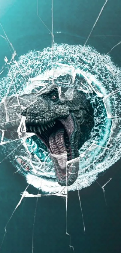 3D T-Rex breaking through turquoise glass.