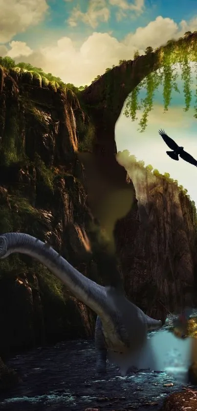 Fantasy dinosaur and canyon wallpaper with lush scenery and flying bird.