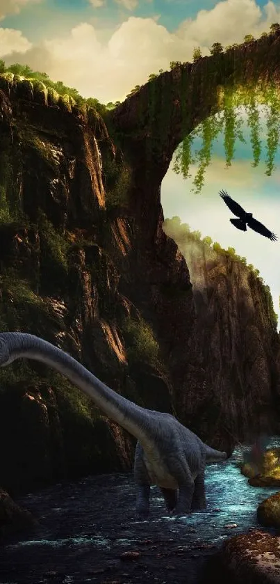 Dinosaur explores a lush canyon with a natural arch and flying bird.