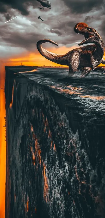 Dinosaur on a cliff with sunset and helicopter in dramatic scene.