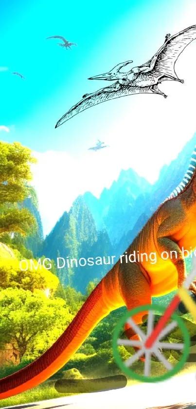 Vibrant scene of dinosaur cycling through prehistoric landscape.