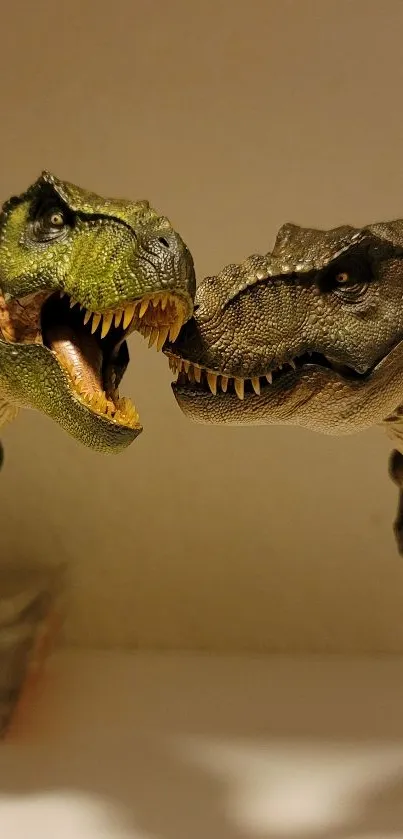 Realistic T-Rex dinosaur figures in a dynamic display for mobile wallpaper.