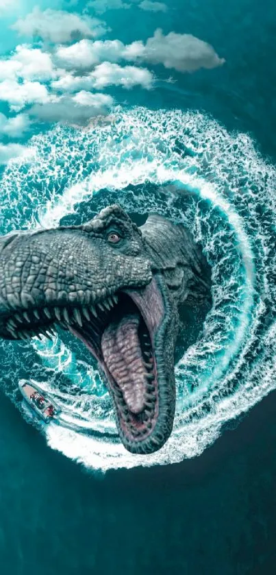 Dinosaur breaching the ocean with majestic waves in vibrant cyan hues.