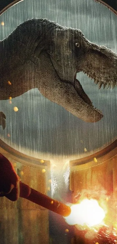 Fierce T-Rex in a dramatic, rainy setting with a bright flare.