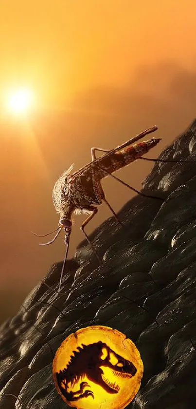 Mosquito on amber with dinosaur silhouette at sunset.