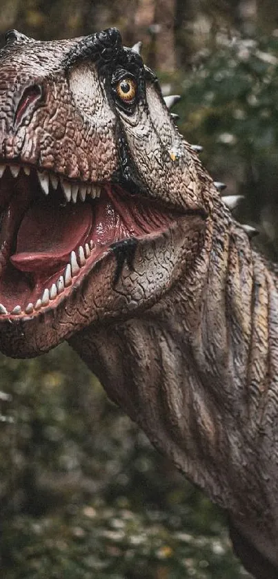 Close-up of a roaring dinosaur in a forest setting wallpaper.