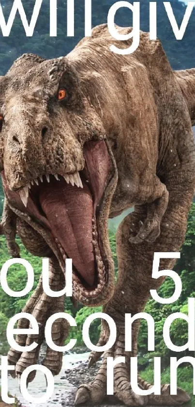 Dinosaur confronts human in dense forest wallpaper scene.