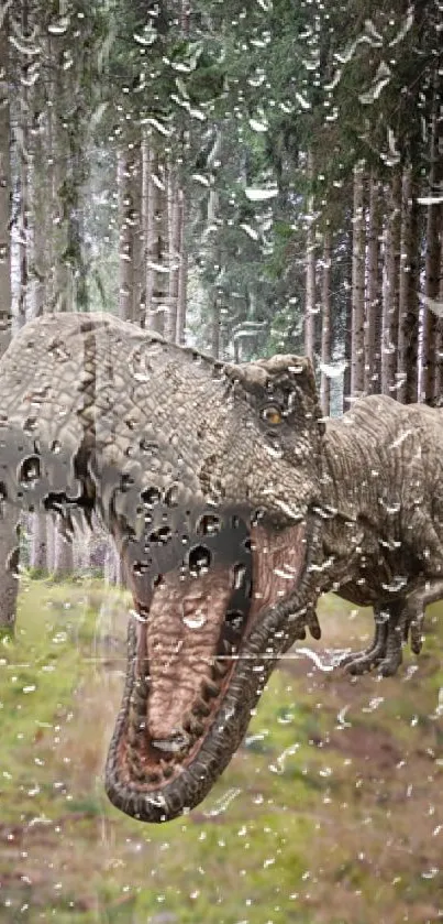 Fierce dinosaur in rainy forest wallpaper.