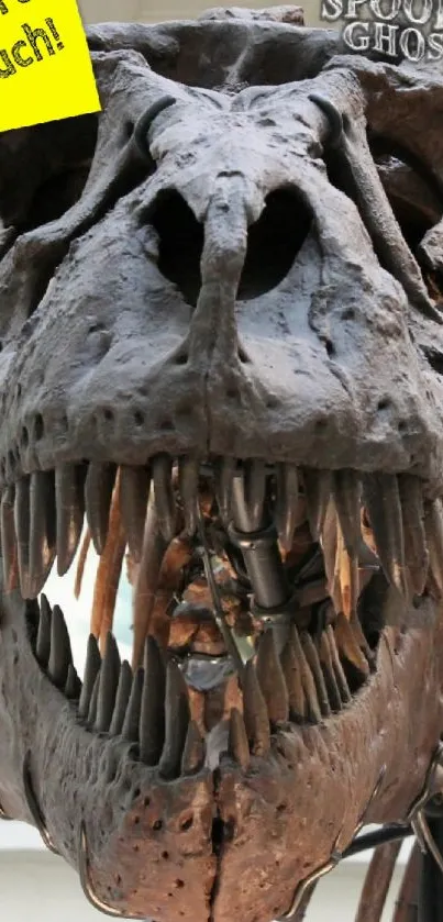 Close-up of a dinosaur fossil skull with dramatic lighting.