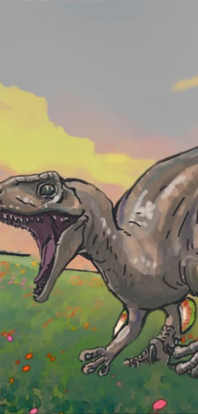 Illustrated dinosaur running in a colorful field under a dynamic sky.