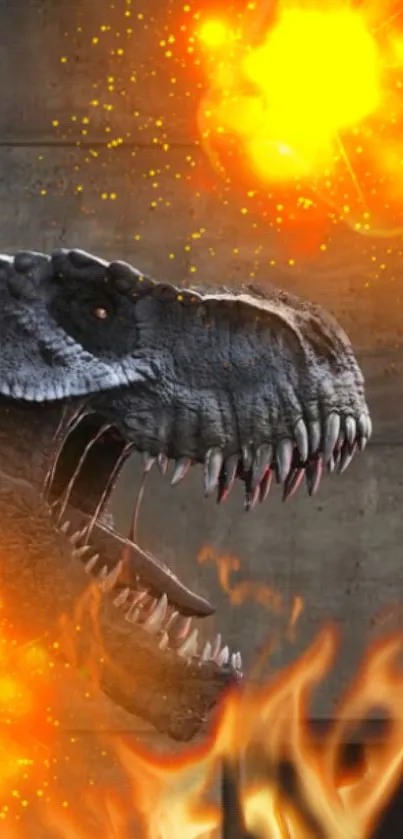 A roaring T-Rex dinosaur surrounded by fiery explosions.