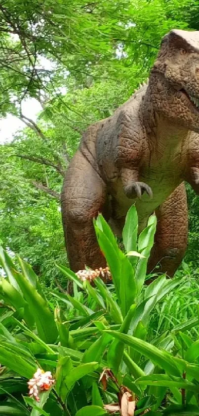 T-rex dinosaur in lush green jungle setting, vivid mobile wallpaper.