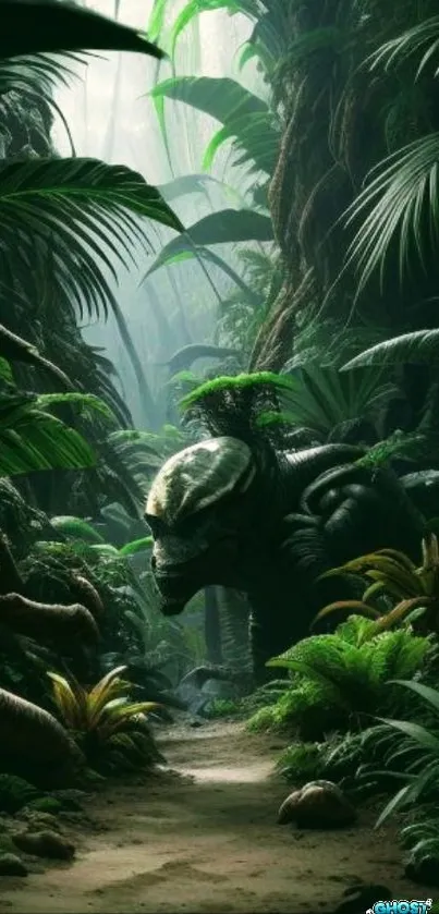 Mobile wallpaper of a dinosaur in lush jungle greenery.