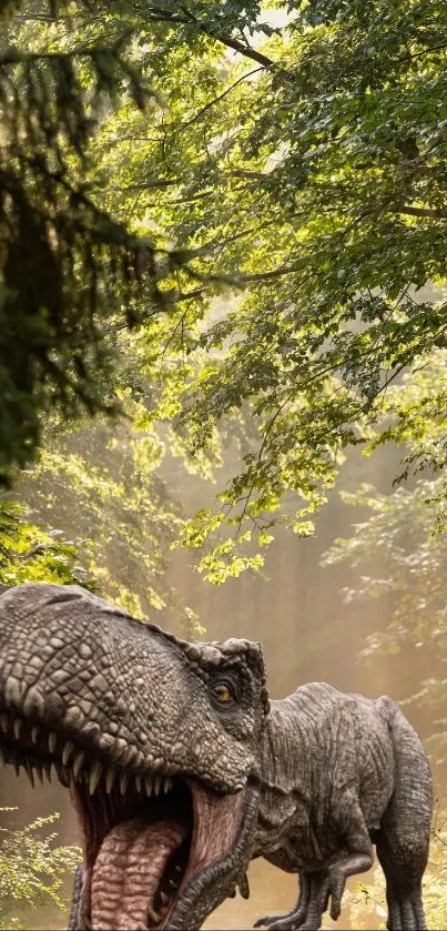 Lifelike dinosaur amid lush green forest.