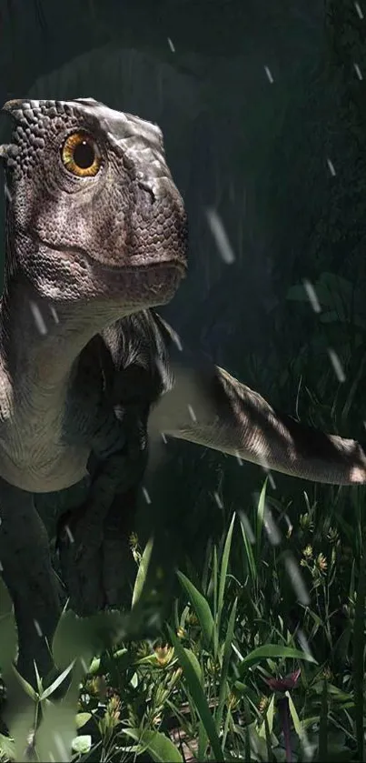 Realistic dinosaur in a lush jungle setting with rain effects.