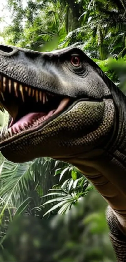 Fierce dinosaur in lush green jungle setting.