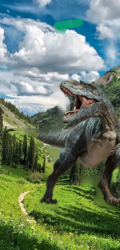 Dinosaur in a lush green valley with mountains and clouds.