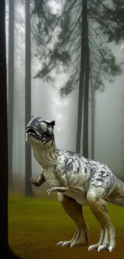 Dinosaur wandering in a misty forest with tall trees and serene setting.