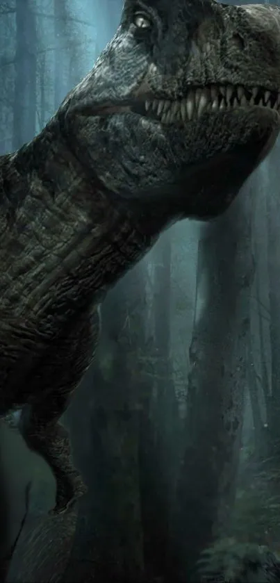 Dinosaur in a misty forest setting with dark, mysterious ambiance.