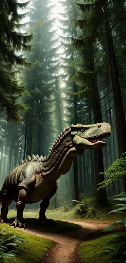 Dinosaur in a lush green forest, poised on a forest path.