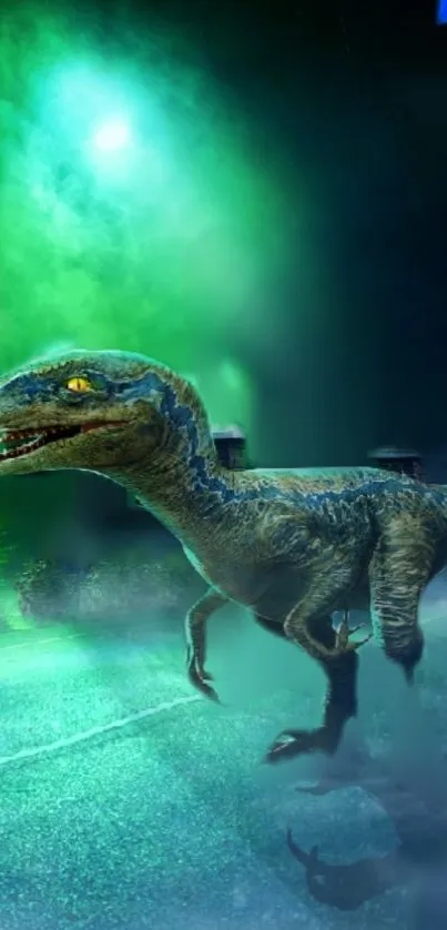 Velociraptor in a mystical night scene with a green hue.