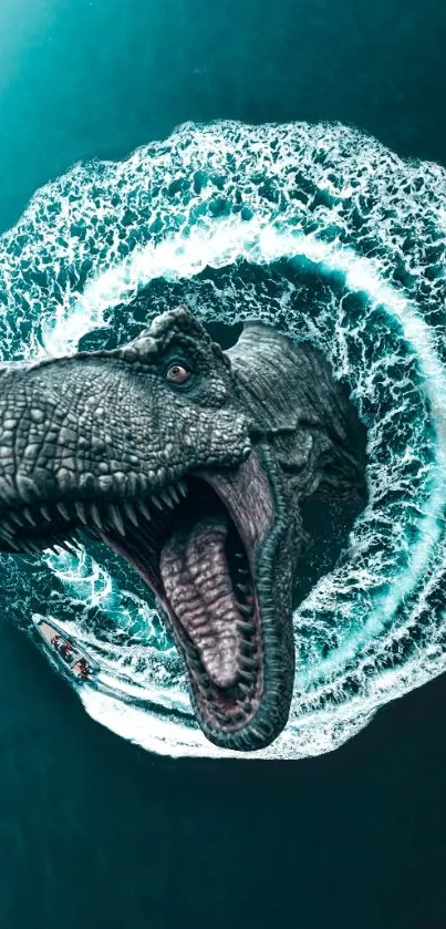 Roaring dinosaur in teal ocean waves.